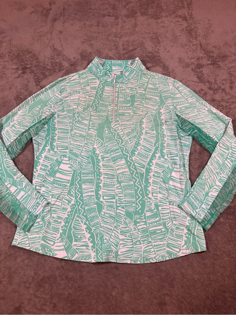 IBKUL UPF 50 Mint Green White Leaf Print Quarter-Zip Pullover Womens Large